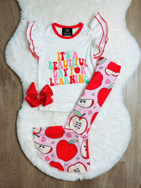 Bowtism Girls Love Learning Flare Pants Set with Matching Bow - Bowtism